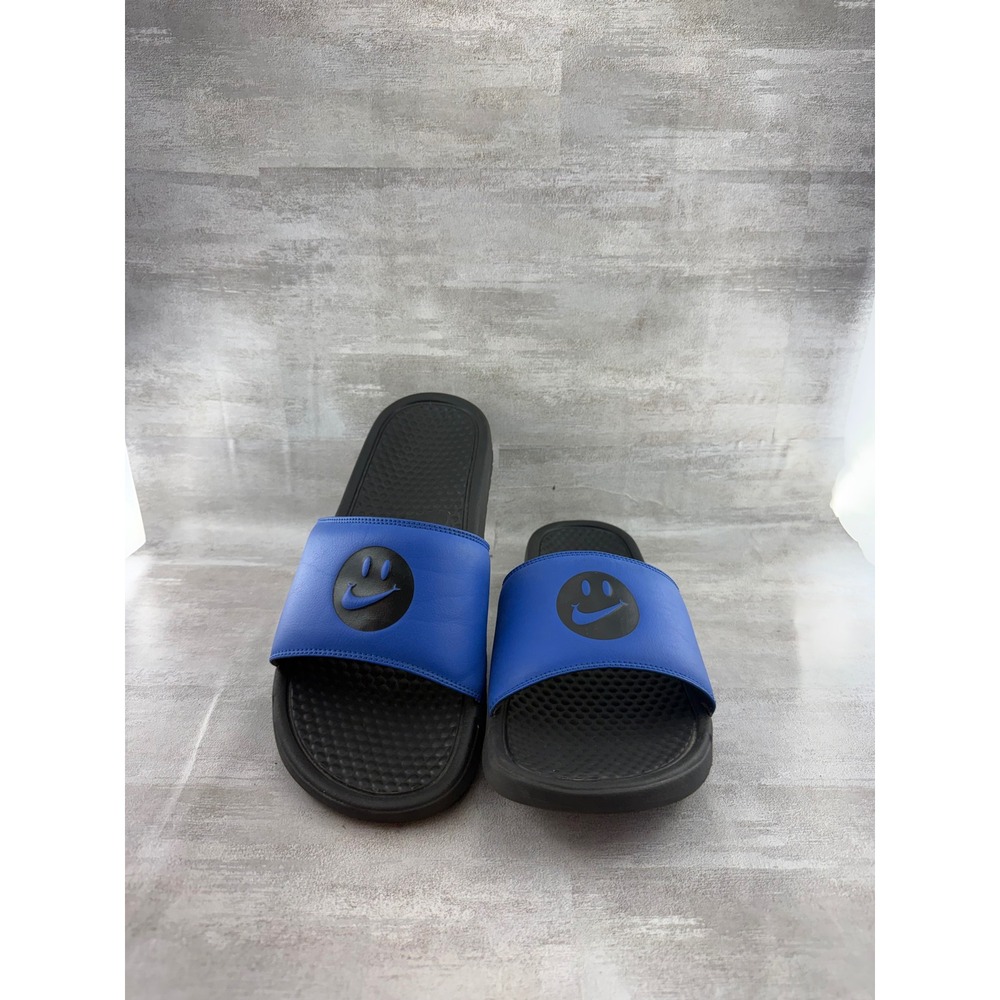 Nike Benassi JDI Slides Blue Black Smiley Face Swoosh 631261-018 Men Sz 10